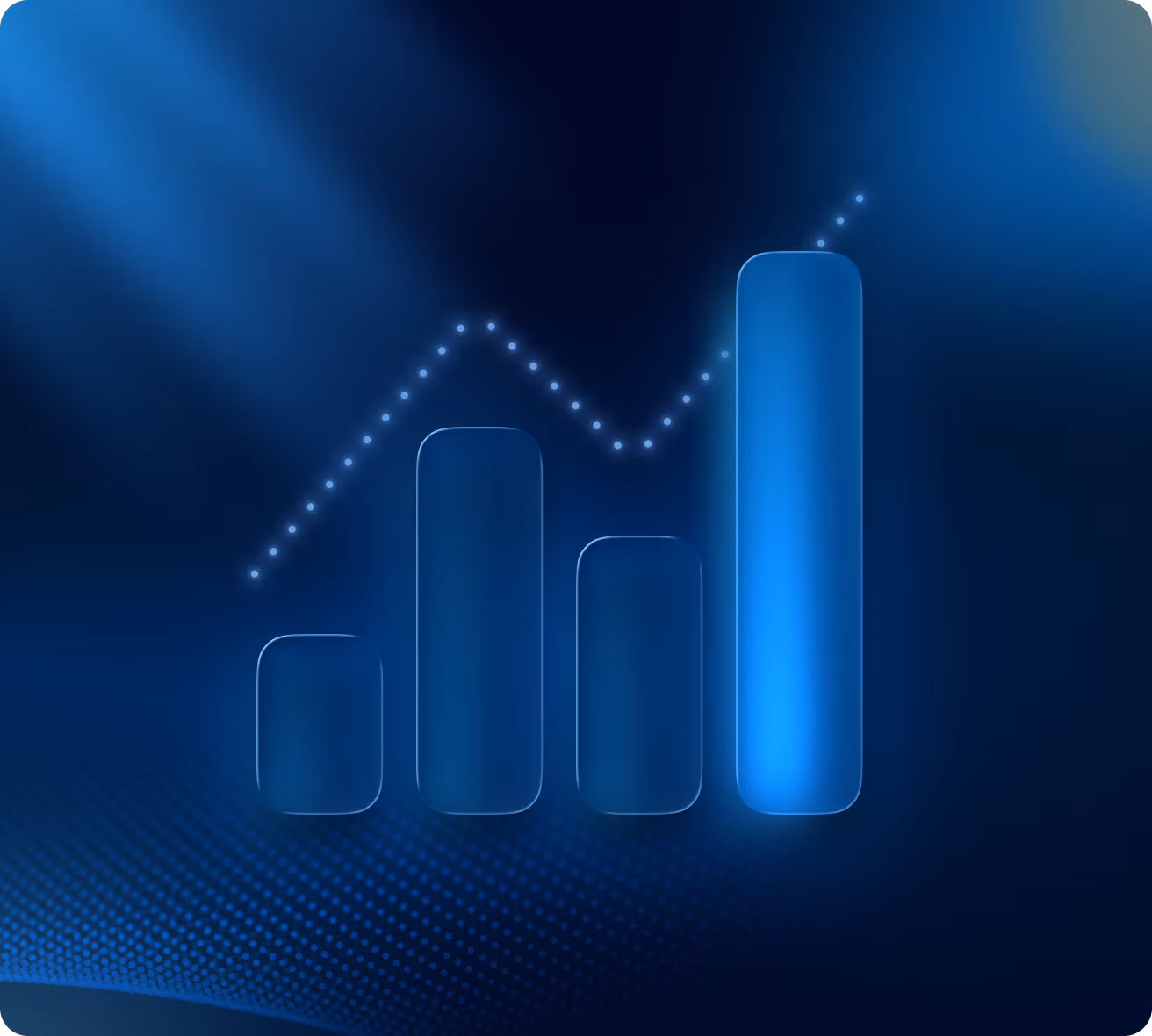 Blue glowing bar chart with four vertical bars increasing in height and a dotted line graph showing upward trend.
