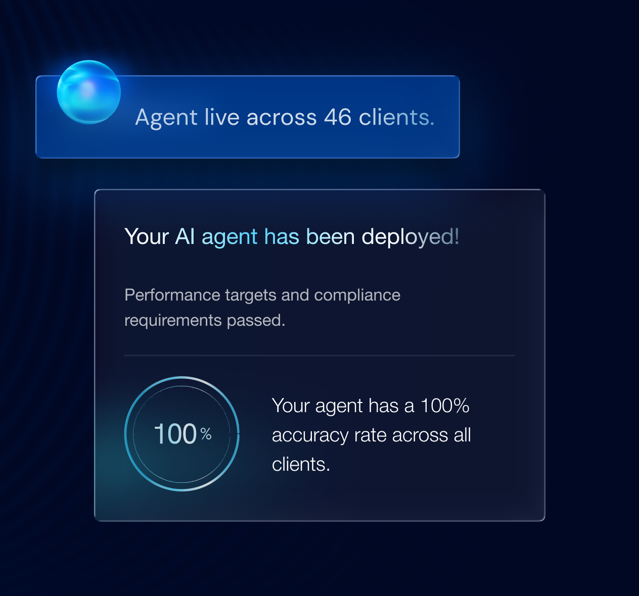 Interface showing AI agent deployed live in 46 institutions with 99% accuracy rate across all institutions.