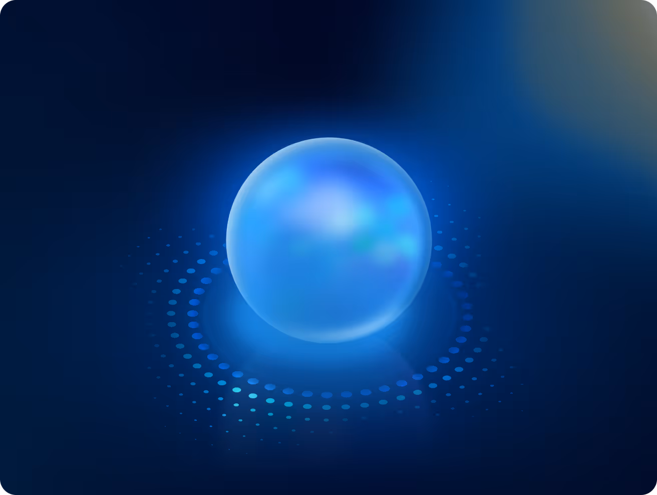 Glowing translucent blue sphere with a halo of dotted light on a dark blue background.