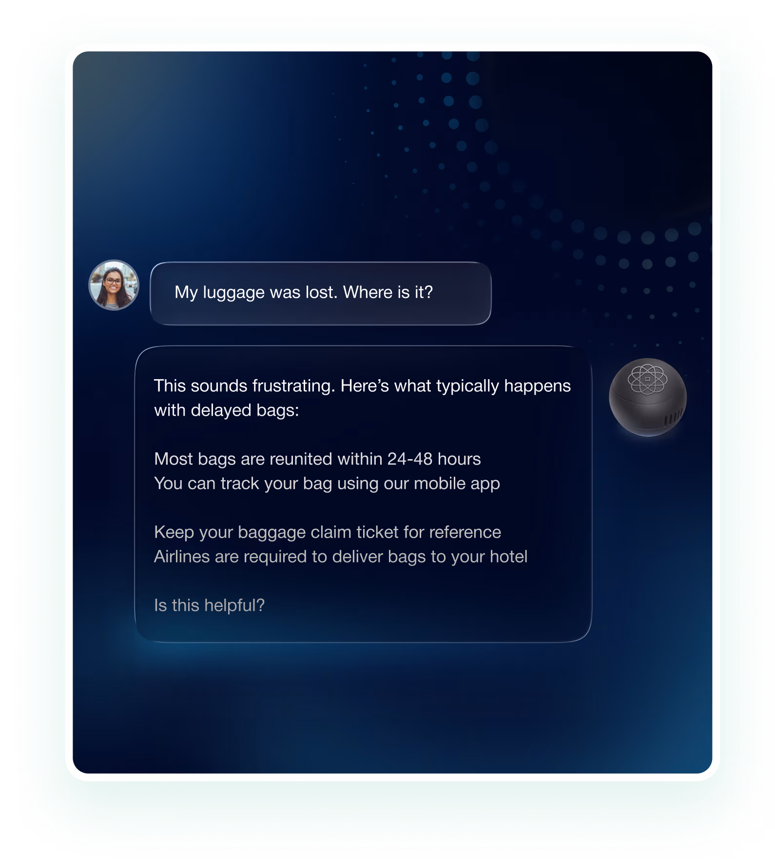 Chat conversation where user says, 'My luggage was lost. Where is it?' and a digital assistant replies with information about delayed bags, including reunion within 24-48 hours, app tracking, keeping claim ticket, and hotel delivery.