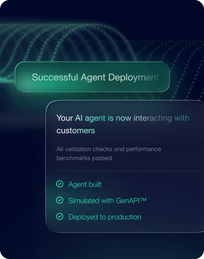 Screen showing confirmation of successful AI agent deployment with checks for agent built, simulated with GenAPI, and deployed to production.