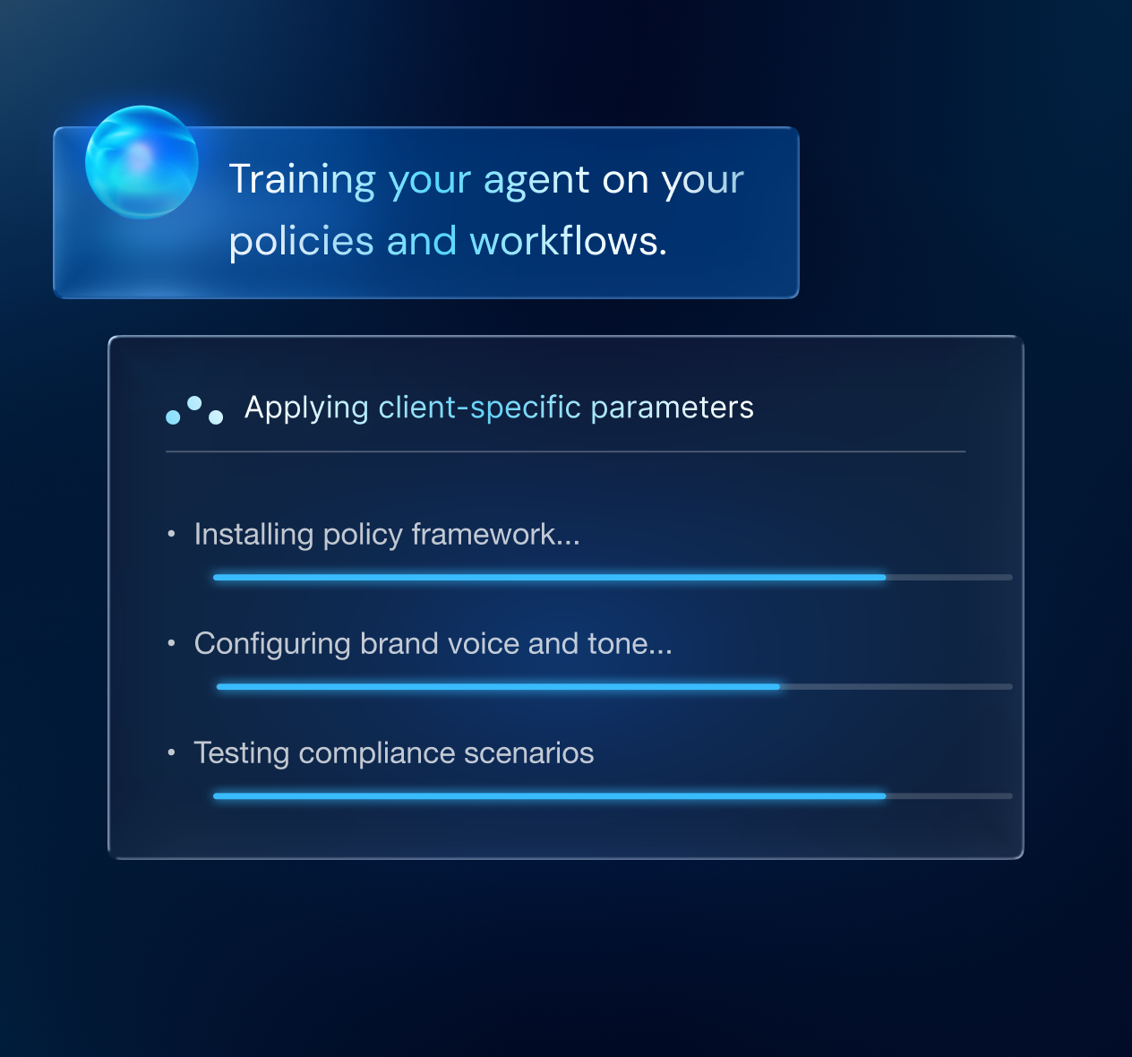 User interface showing progress bars for training an agent on Client Aβs service policies including loading brand voice and escalation rules, programming client compliance requirements, and testing cross-client data isolation.