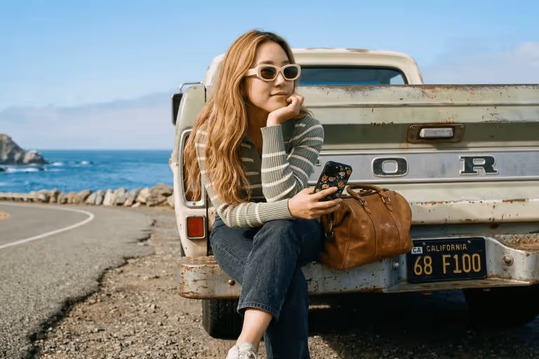 Woman sitting on the back of an old Ford pickup truck by the ocean with a brown leather bag and holding a phone