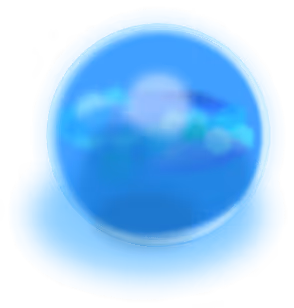 Transparent blue orb casting a reflection and shadow on a blue surface.