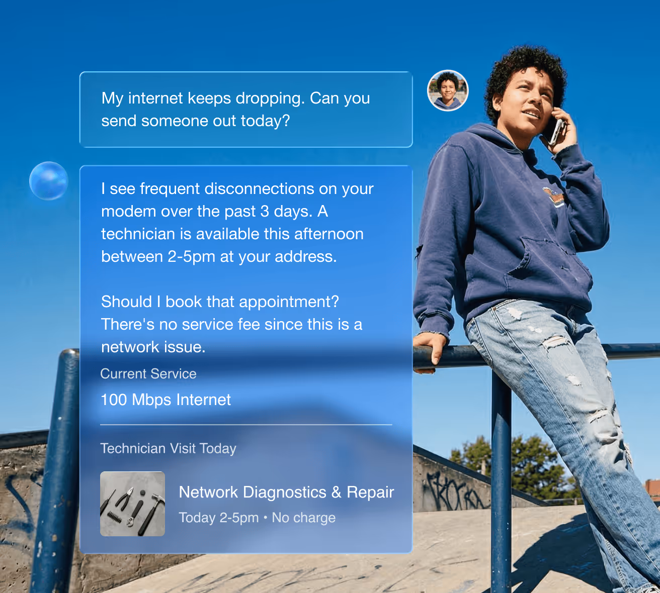 Bearded man in glasses, wearing a light-blue shirt, uses a tablet at a desk while chat bubbles discuss internet outages.