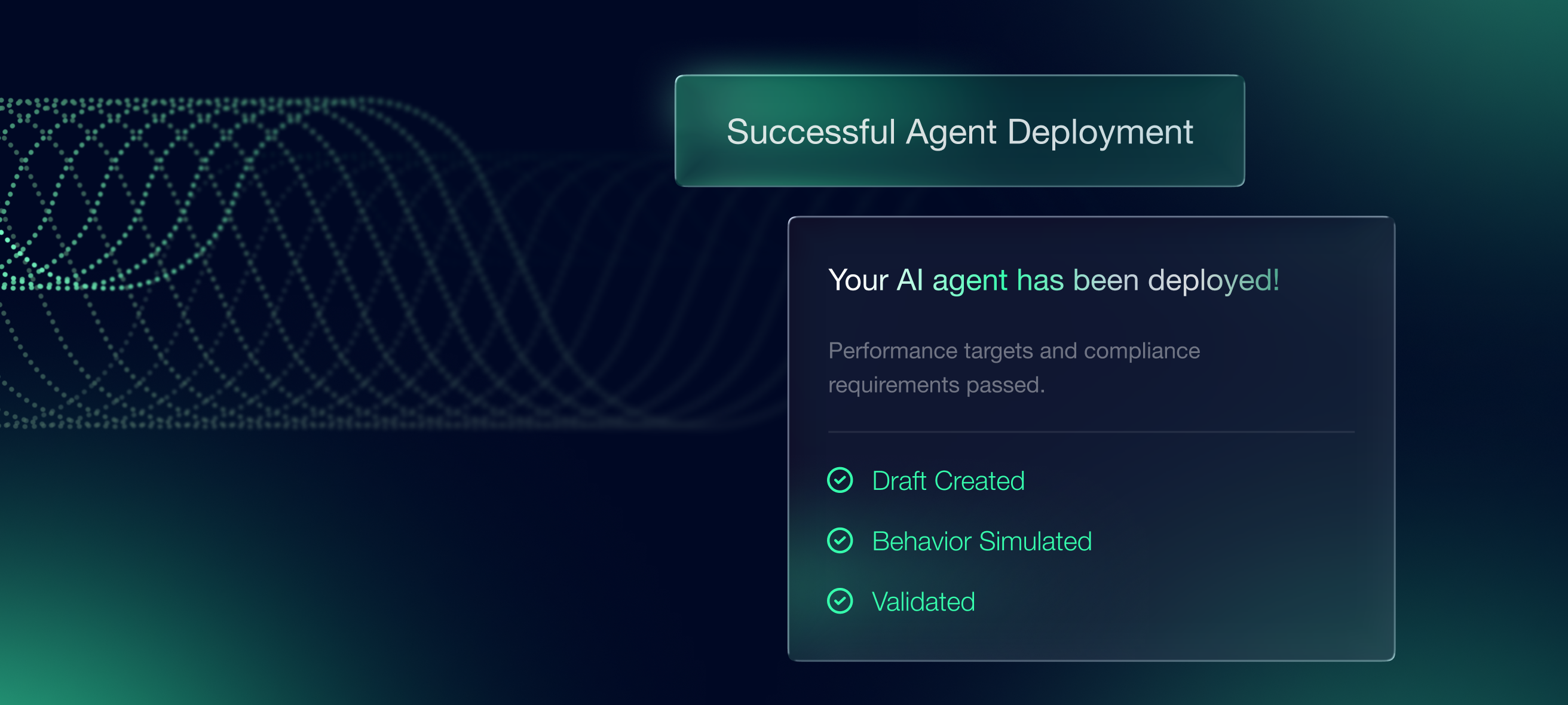 Digital interface showing successful AI agent deployment with checklist: Draft Created, Behavior Simulated, and Validated.