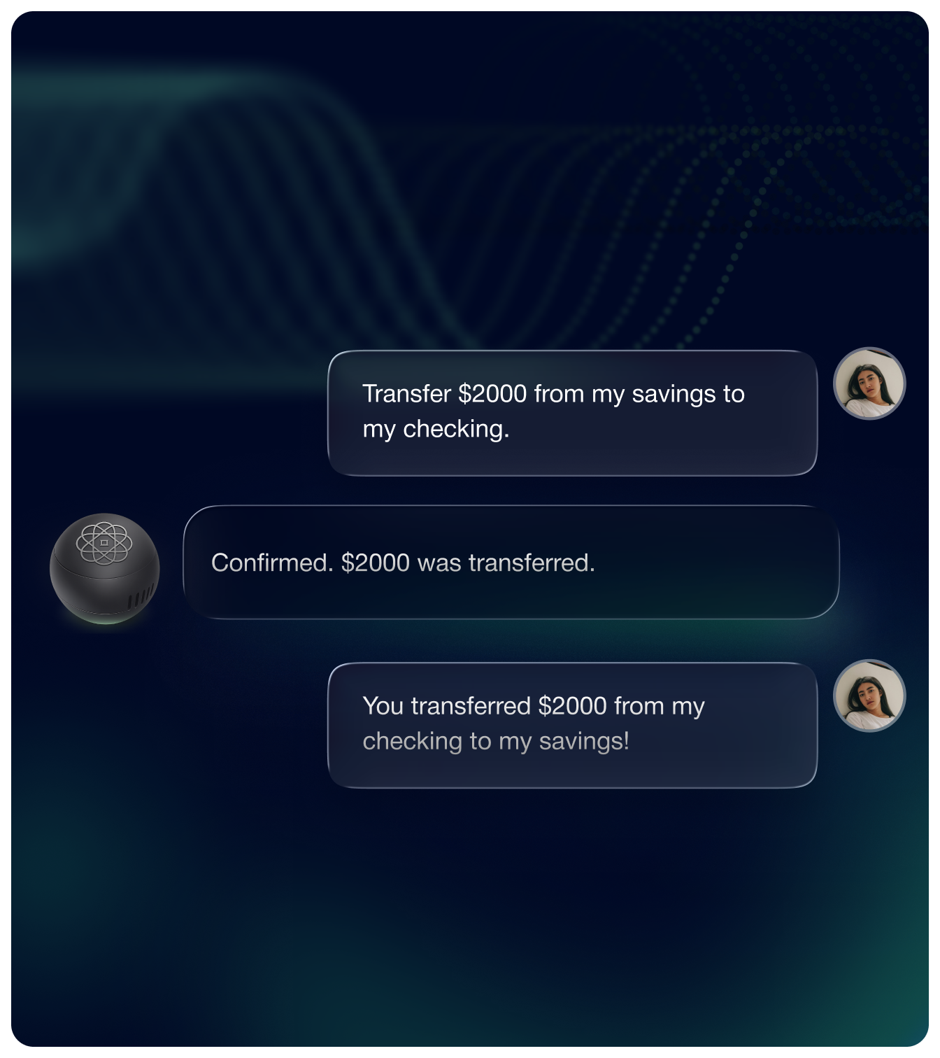 Chat interface showing a user requesting to transfer $2000 from savings to checking, an AI confirming the transfer, and the user mistakenly stating the transfer was from checking to savings.
