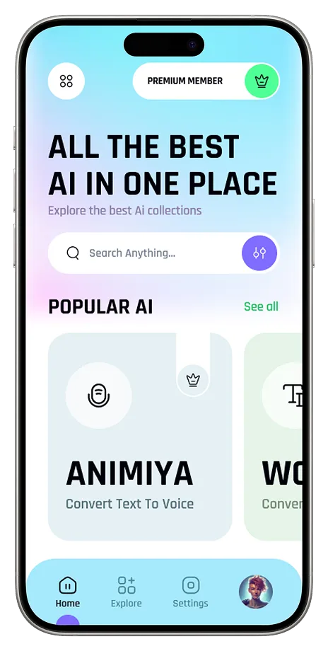 Mobile app screen showing 'All the Best AI in One Place' with a search bar, popular AI apps section featuring 'Animia' for converting text to voice, and navigation bar with Home, Explore, and Settings icons.