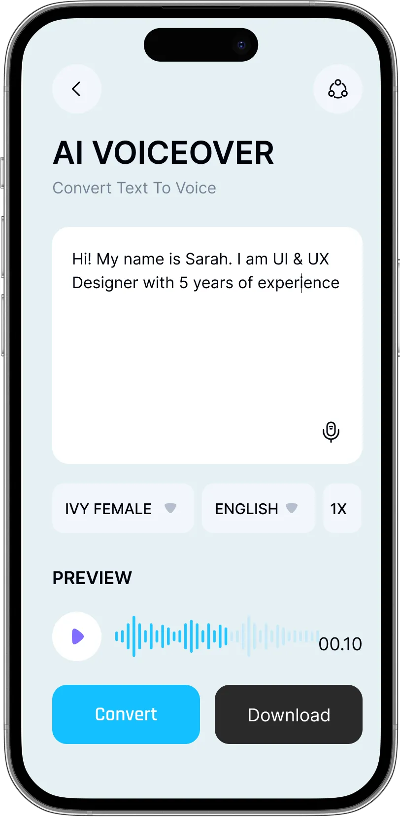 Mobile screen showing AI Voiceover app converting text to voice, with text input introducing Sarah as a UI & UX Designer with 5 years experience, options for voice type, language, playback speed, audio waveform preview, and Convert and Download buttons.