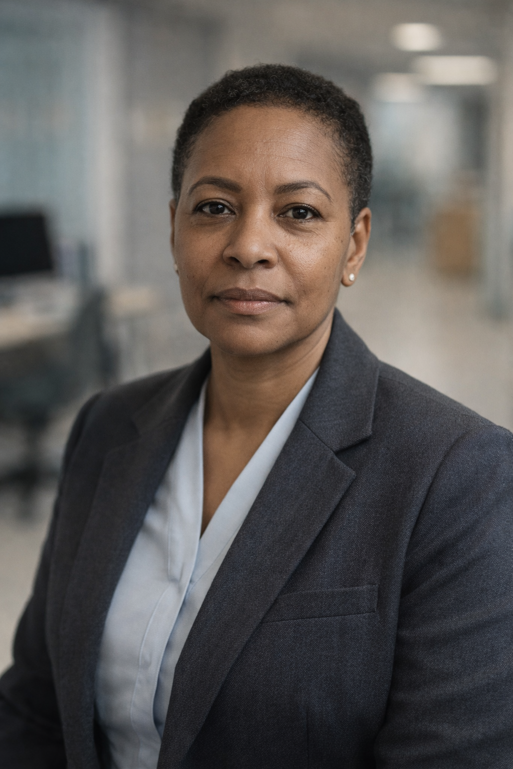 Confident professional African American woman wearing a dark blazer and light blouse in an office setting.