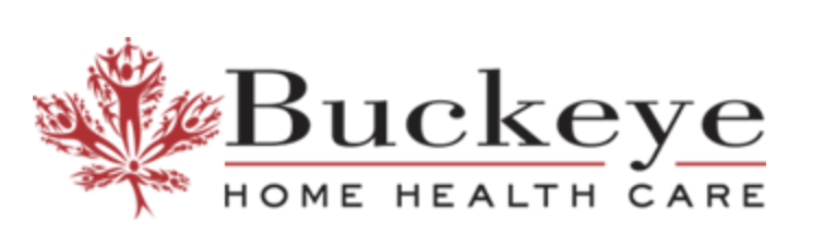 Buckeye Home Health Care logo with stylized red leaf and human figures.