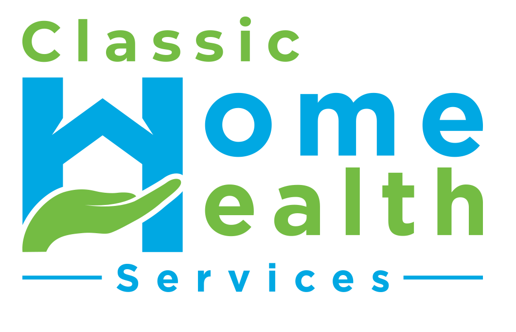 Classic Home Health Services logo with a green hand forming part of a blue house shape.