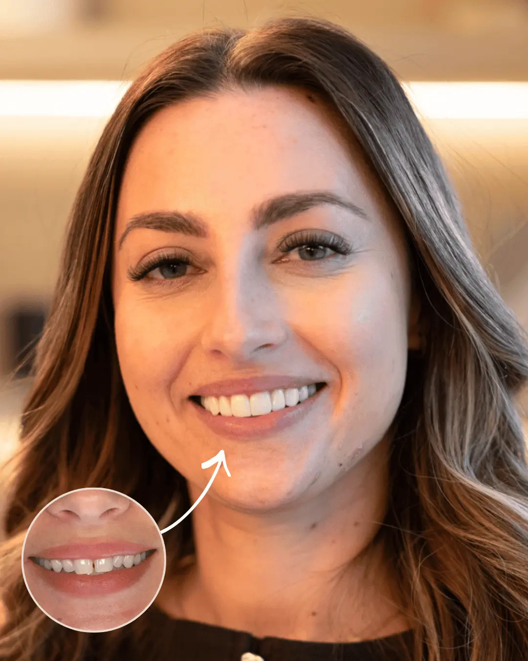 Before and after close-up of a smile showing dental composite bonding improvements with straighter and whiter teeth.
