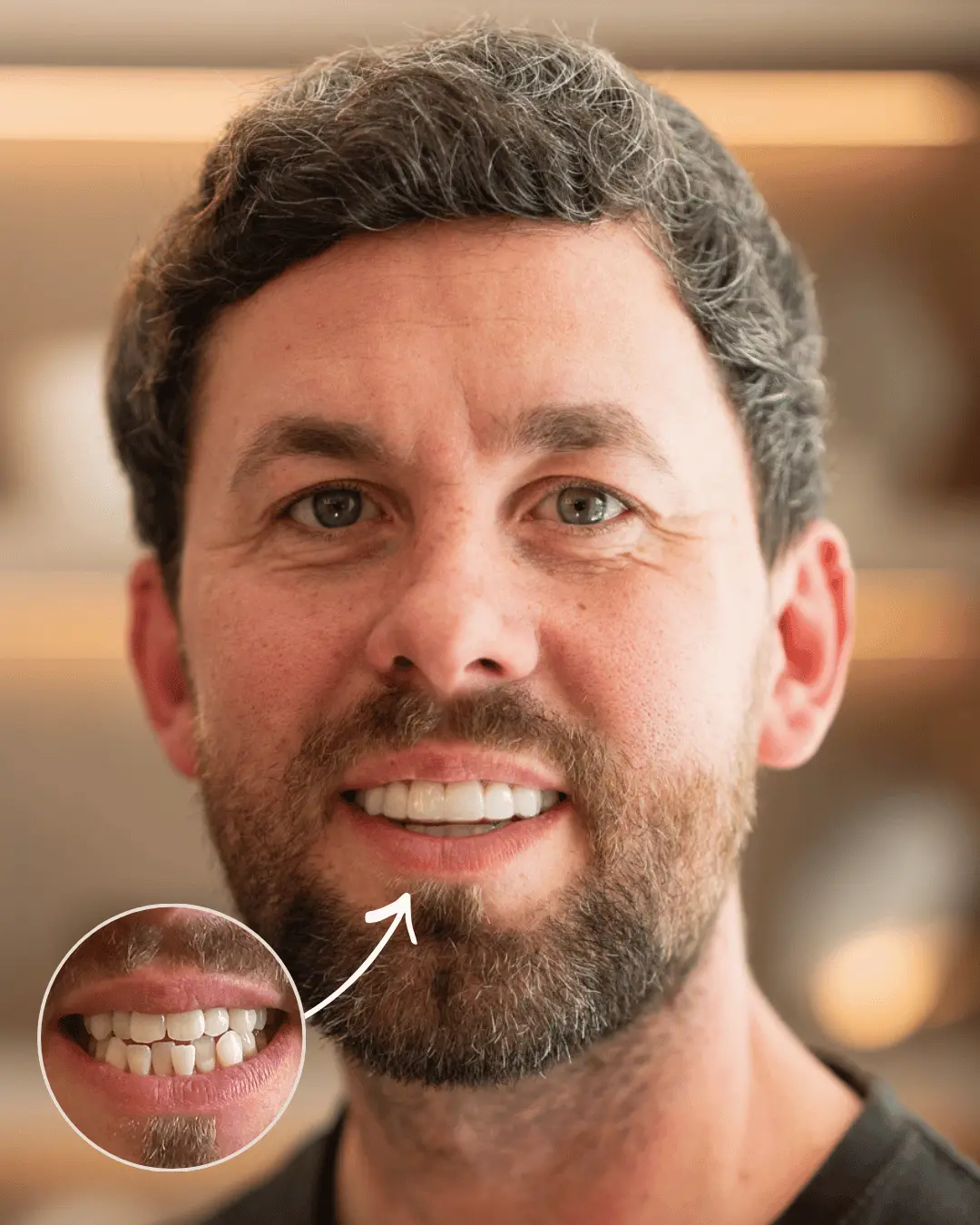 Before and after close-up of a smile showing dental bonding that corrected chipped and uneven front teeth.
