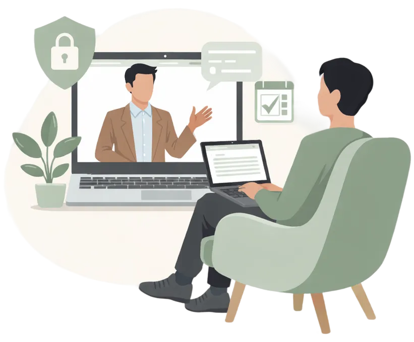 Image: Person sitting in a chair using a laptop for a virtual coaching session with an instructor displayed on a large screen.