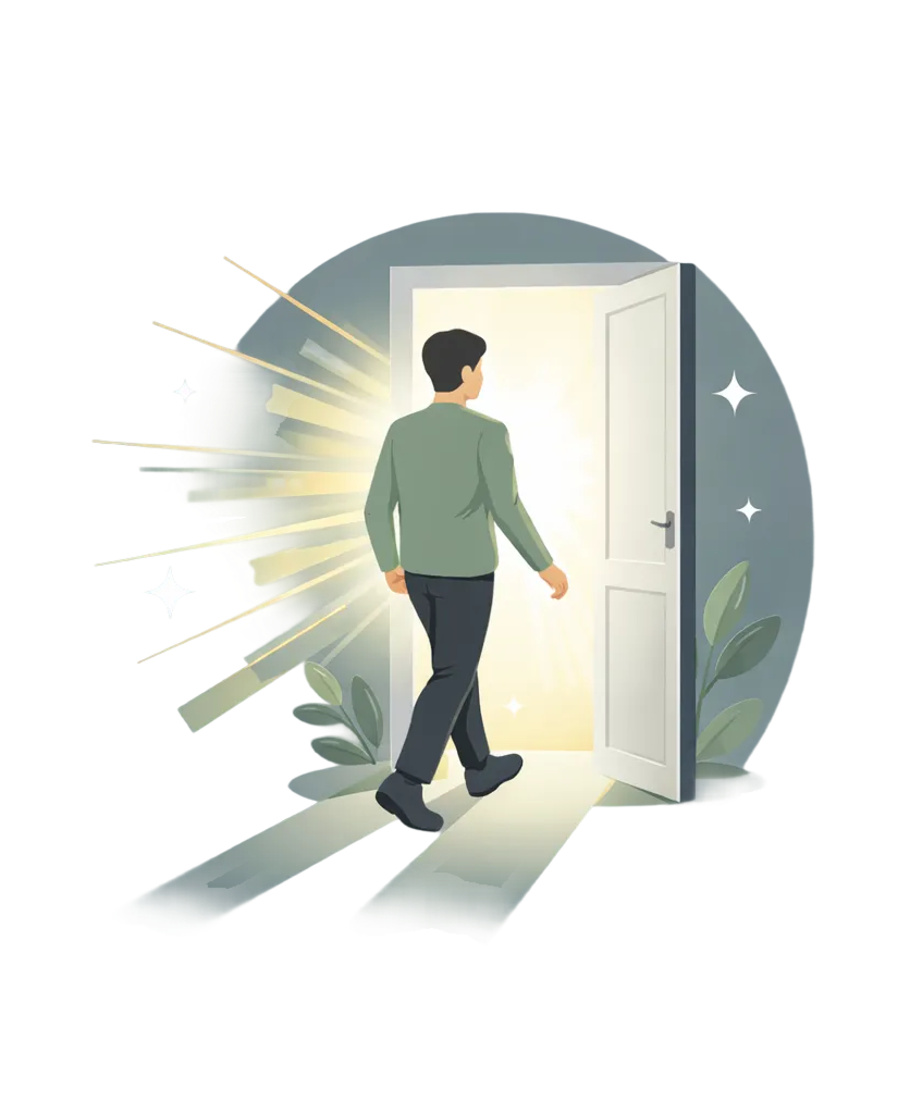 Image: Person walking through an open door into bright light with plants and sparkles around.
