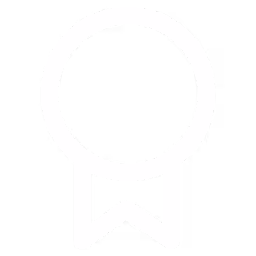 White outline of a circular badge with a ribbon on a black background.
