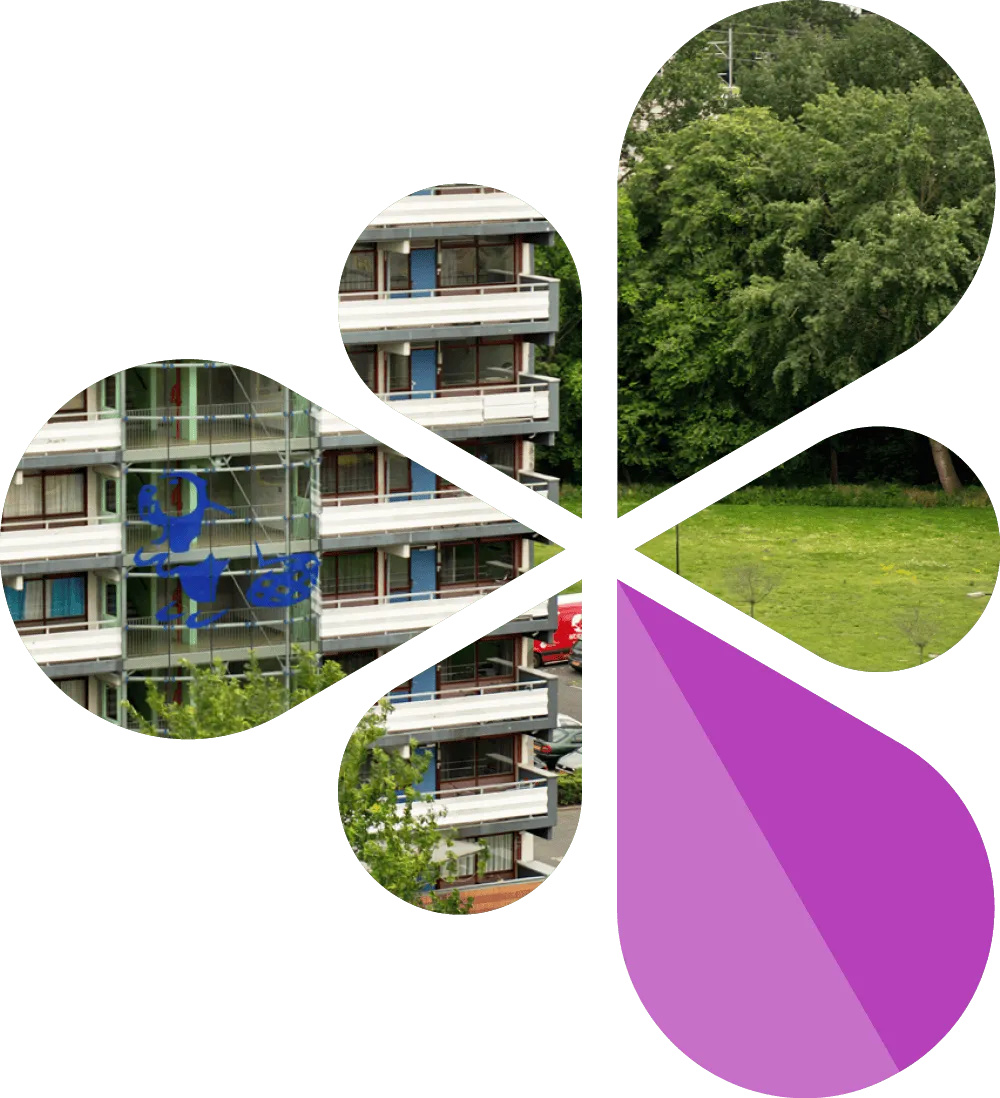 Collage shaped like five petal drops showing an apartment building with balconies, green trees, and a small park with grass.