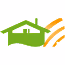 Icône verte d'une maison stylisée avec des ondes Wi-Fi orange à droite.