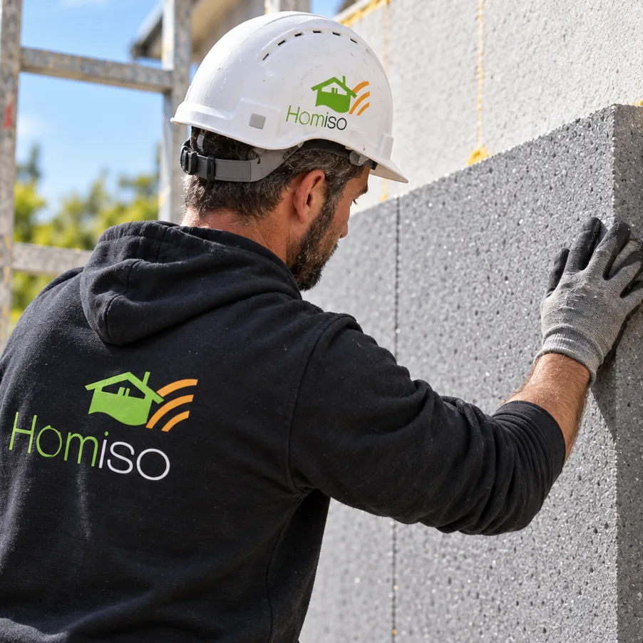 Poseur Homiso fixant un isolant sur un mur extérieur