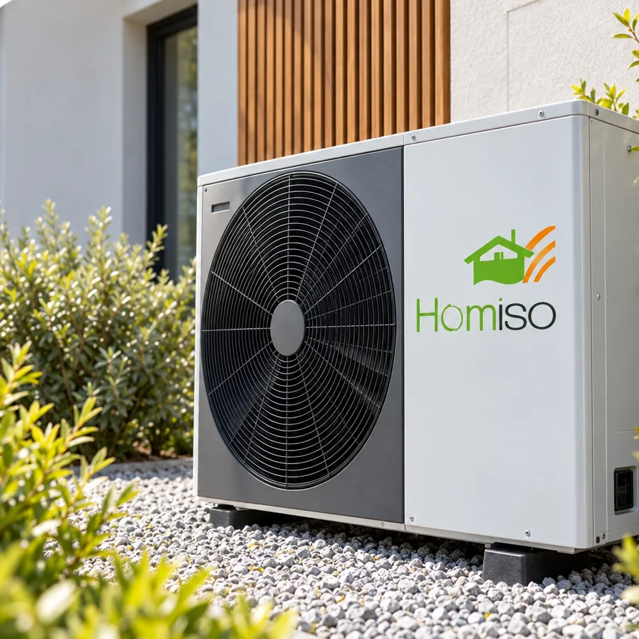 Pompe à chaleur Homiso installée contre une maison