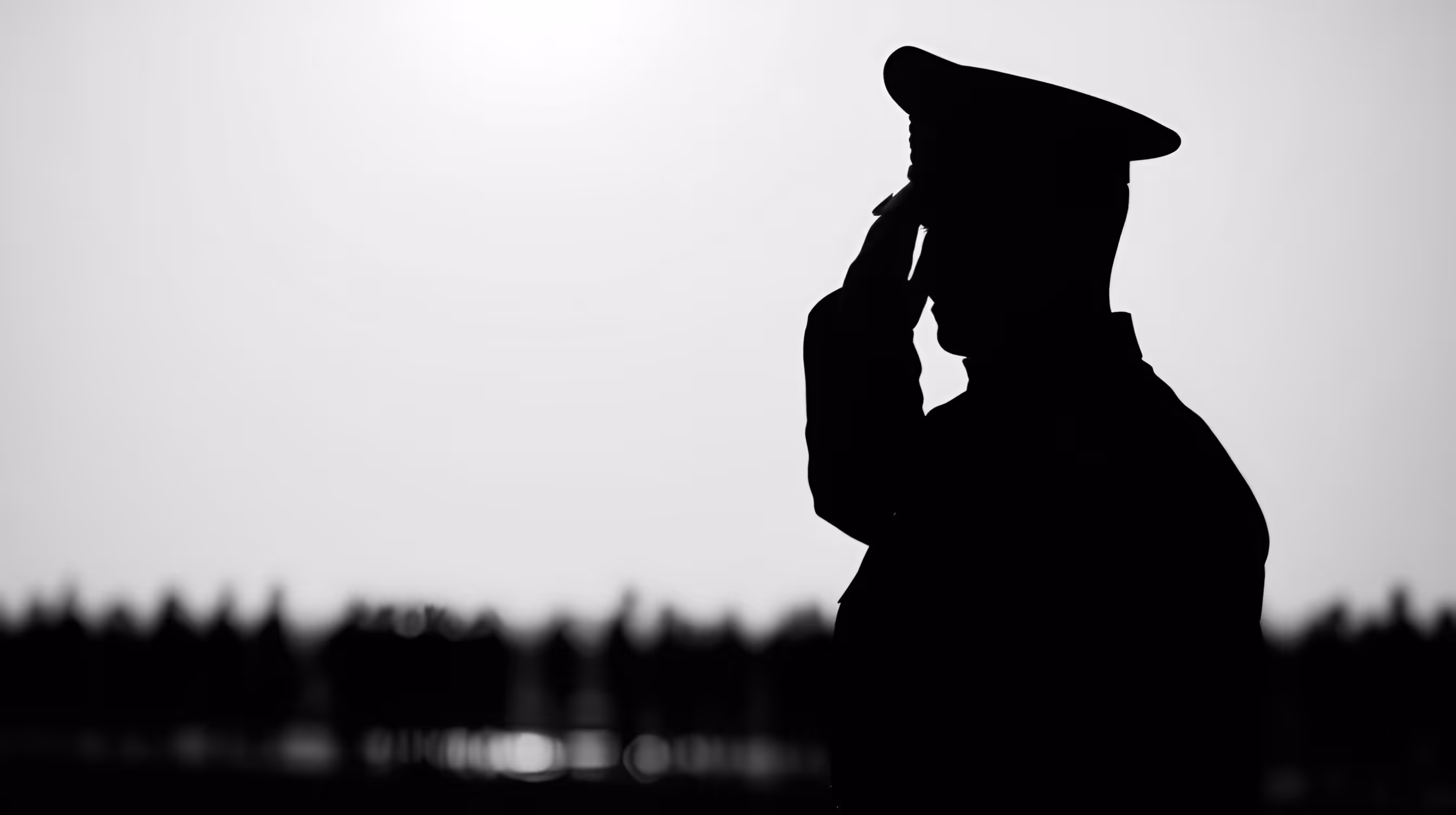 Silhouette of a person in a uniform saluting against a light background with blurred trees.