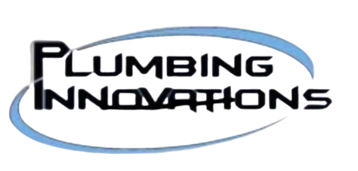 Logo of Plumbing Innovations with stylized text and a blue swoosh encircling it.