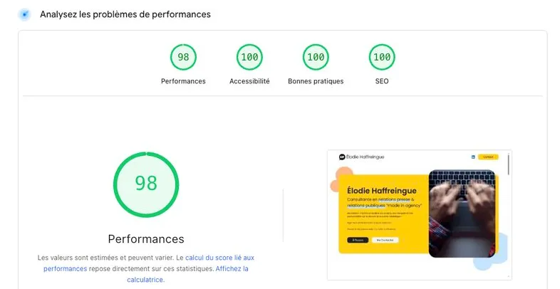 Rapport Google PageSpeed Insights mesurant la vitesse d'un site