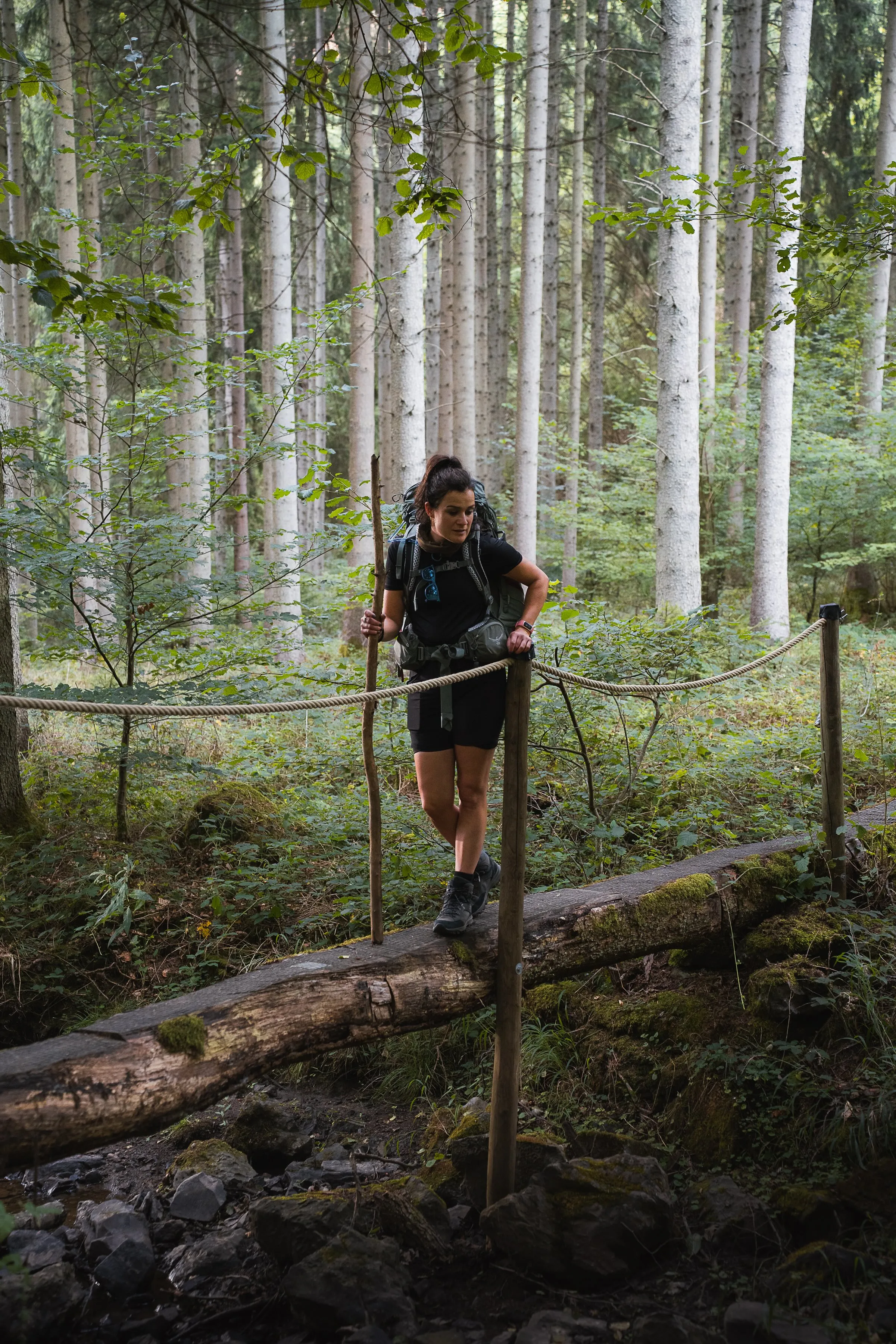 Wandelaar steekt een beekje over in het bos van Foret de Wellin