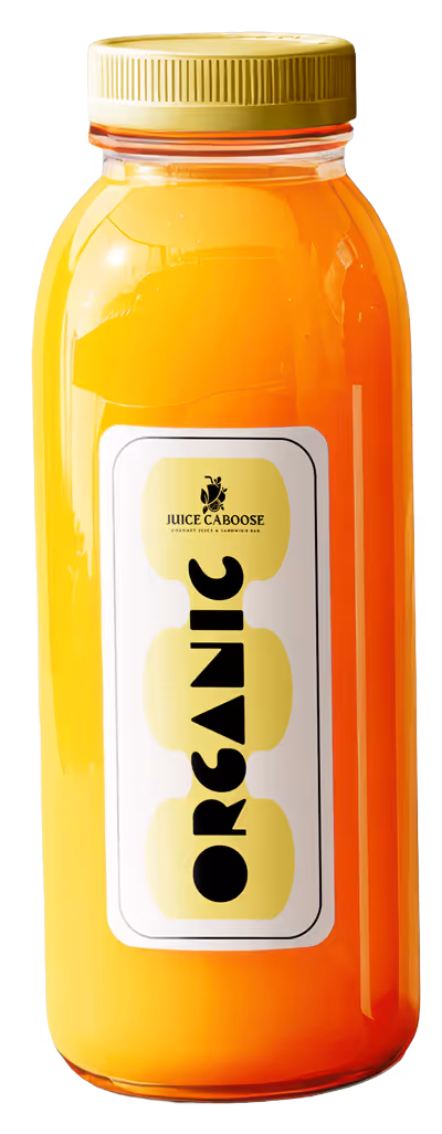orange juice bottle that have the logo of Juice Caboose and says organic