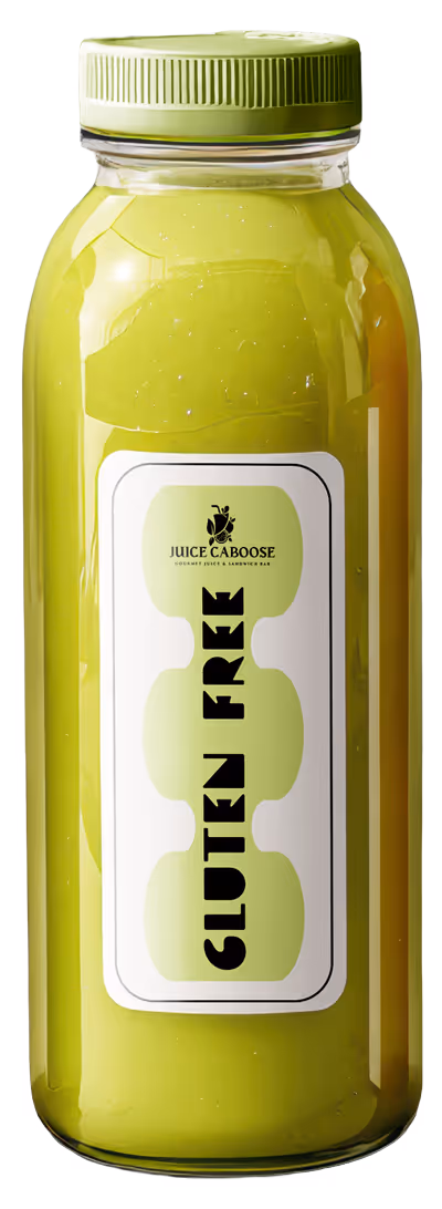 green juice bottle that have the logo of Juice Caboose and says gluten free