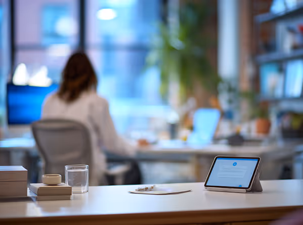 Office desk with a tablet, glass of water, and stationery, with a blurred person working at a computer in the background.