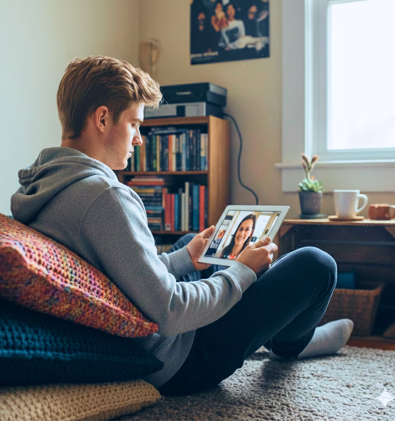 Young man sitting on carpeted floor, video chatting with a woman on a tablet.