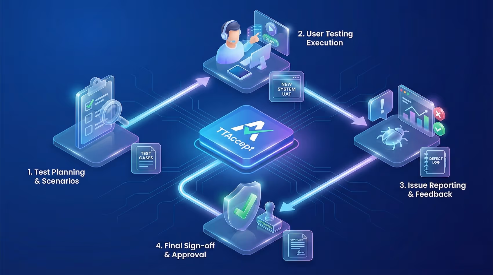 Diagram of the User Acceptance Testing App - TTAccept. The diagram shows the process flow and how TTAccept works