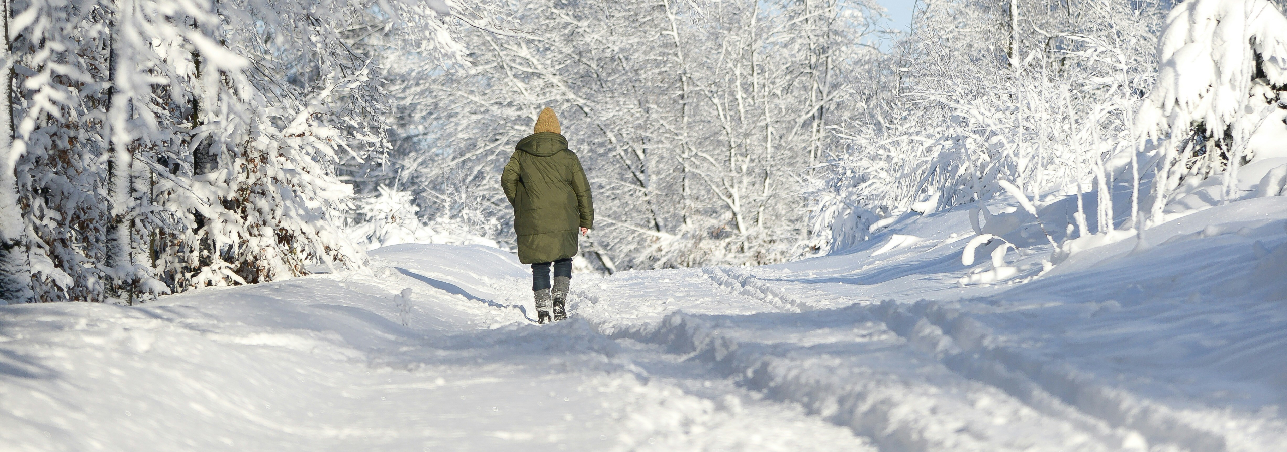 A person in a green winter coat and yellow toque walking along a snow-covered path through a frost-laden forest on a bright winter day.