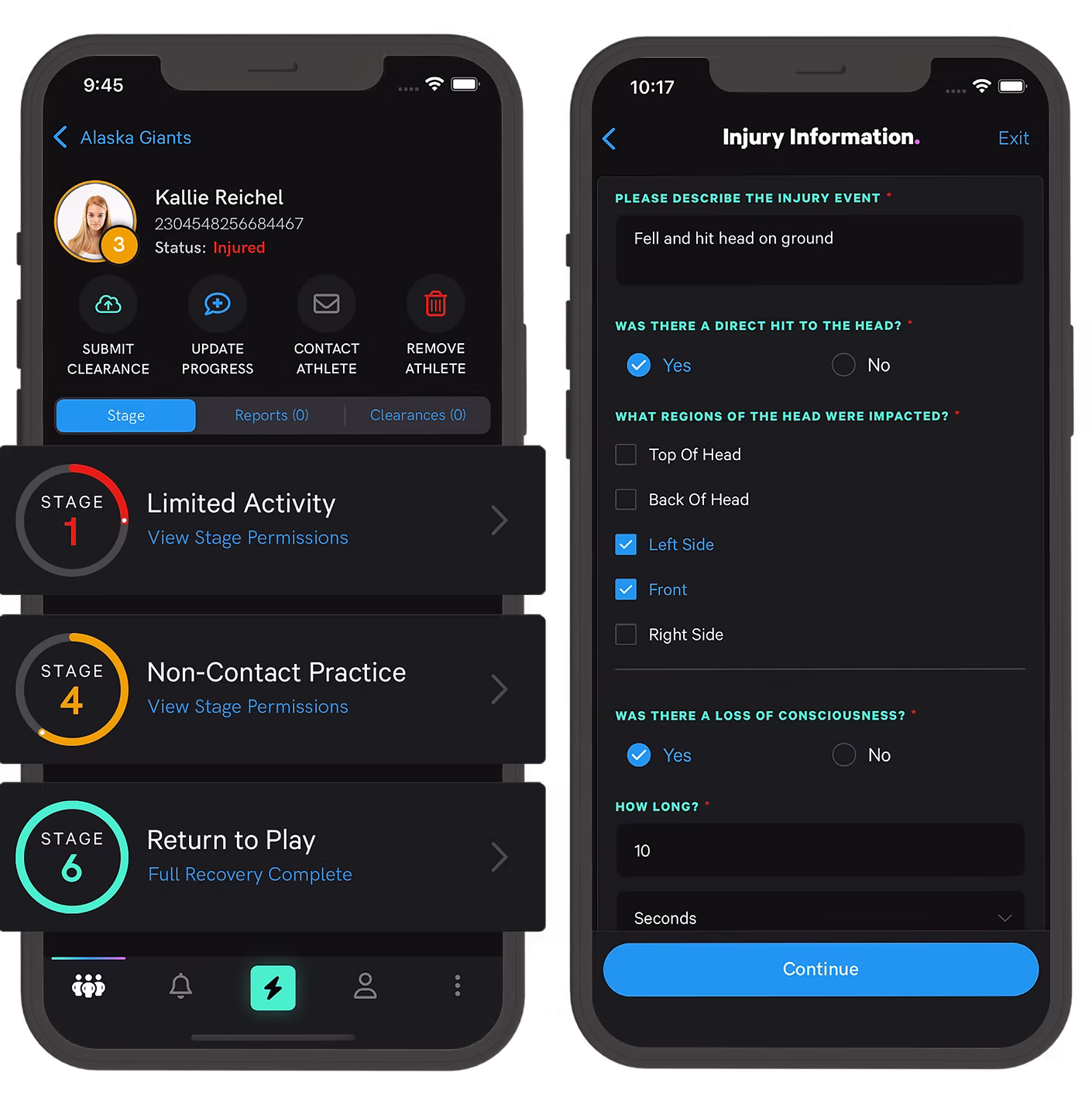 Screen shots of concussion treatment app 