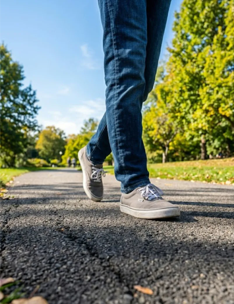 lower legs and feet of a person walking on a paved road