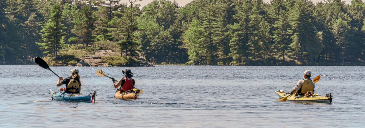 People in kayaks on a lake with trees in the background