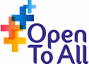 Colorful "Open To All" logo with interconnected puzzle-like blocks