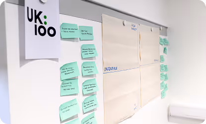Whiteboard with UK:loo logo and green sticky notes brainstorming ideas
