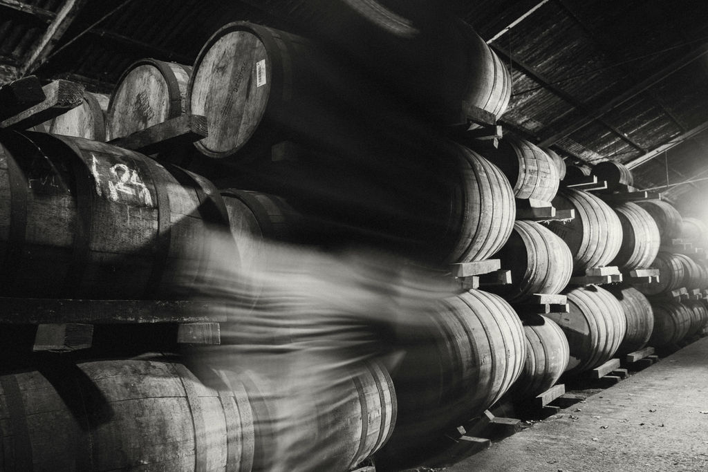 Casks stacked in the Bladnoch warehouse, black and white
