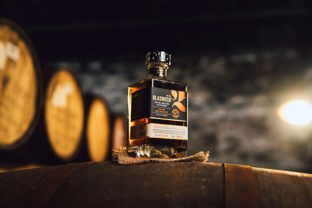 Bladnoch Loch Maberry bottle on a cask in the warehouse