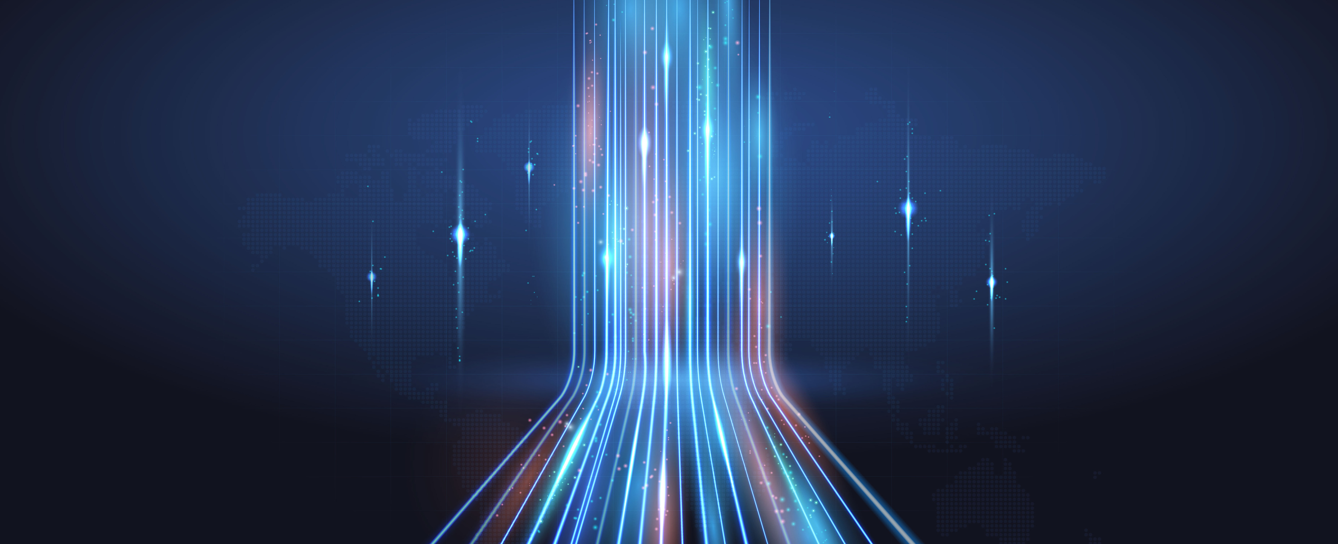 Bright blue and red vertical light streaks converging and extending upward against a dark background with a subtle world map pattern.