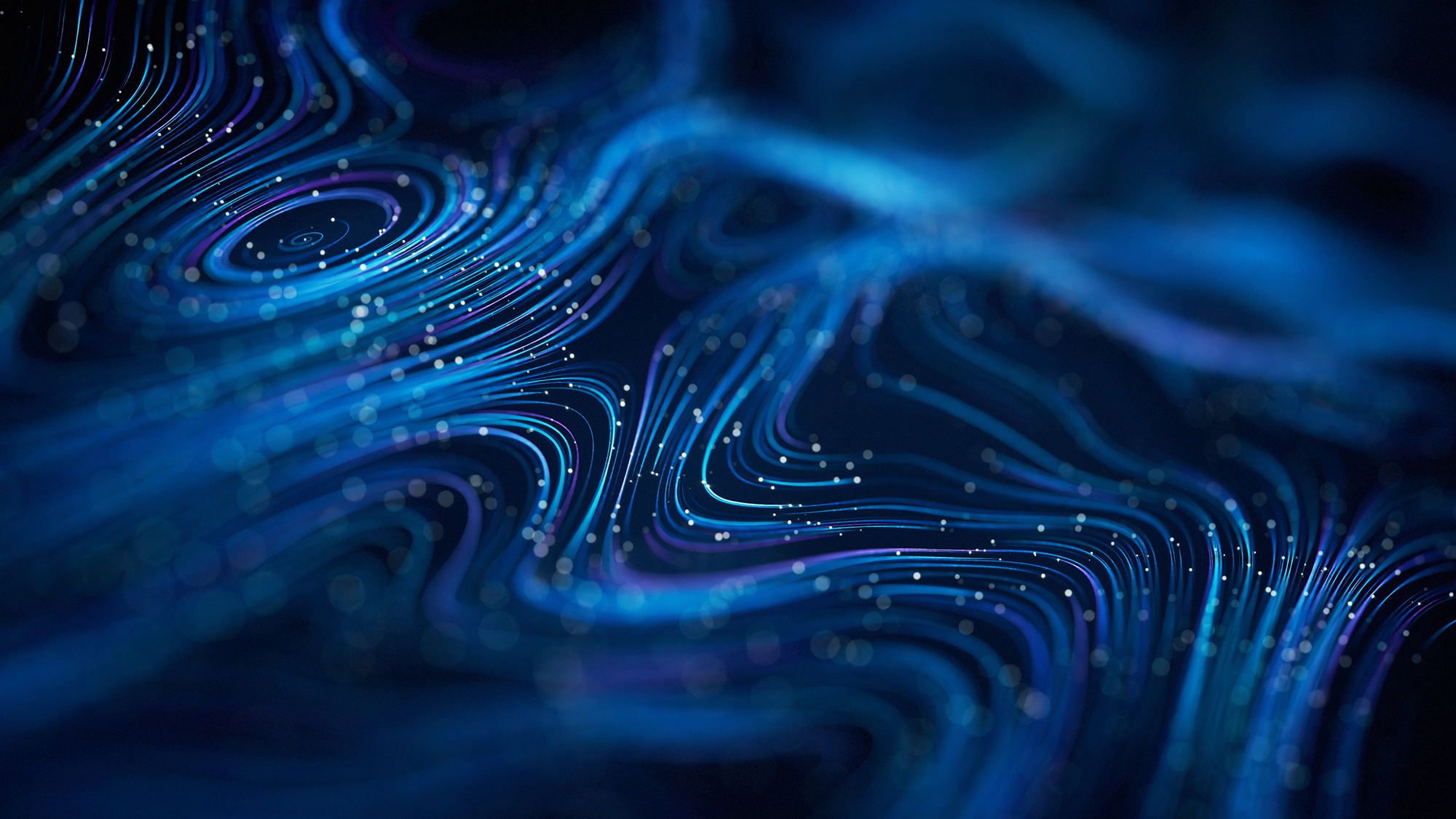 Abstract blue and purple flowing wave lines with small glowing dots on dark background.