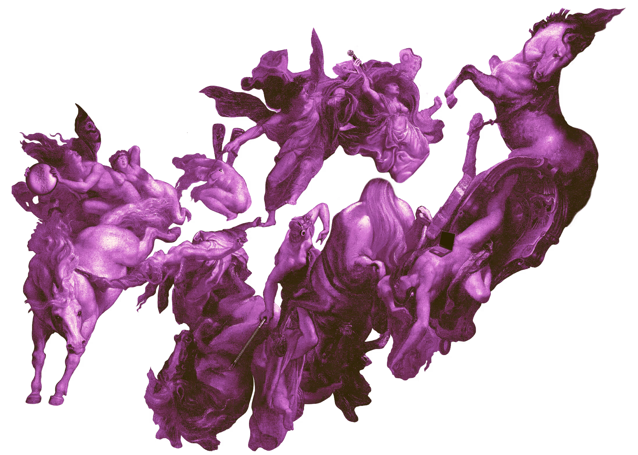 Purple-tinted classical painting fragment depicting dynamic figures, horses, and cherubs in flowing motion on black background.
