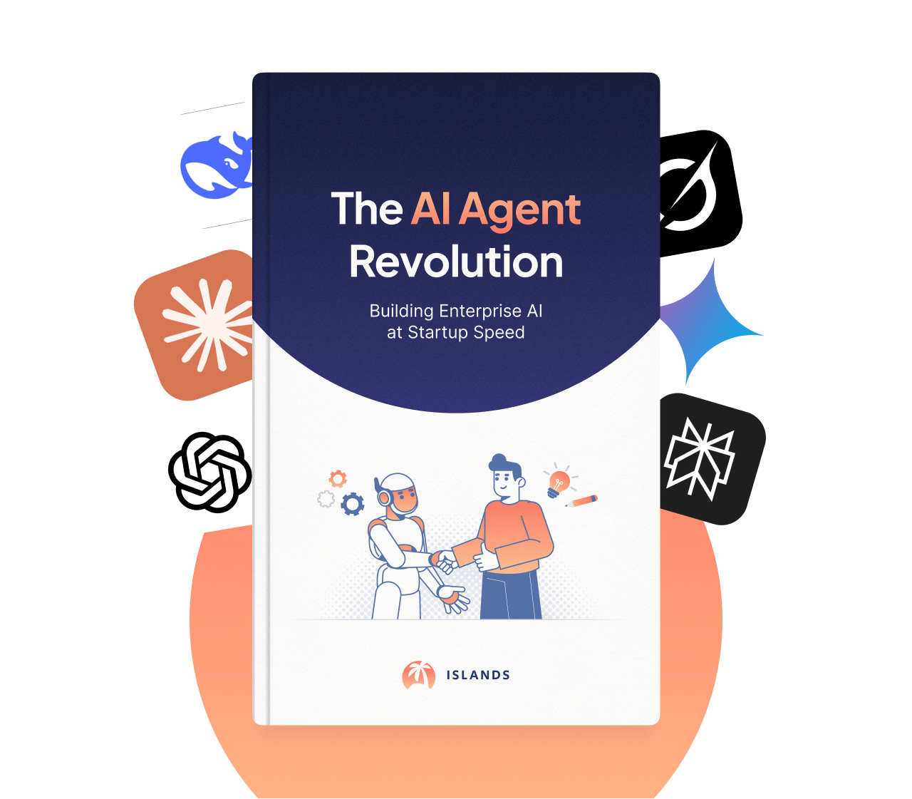 Book cover titled 'The AI Agent Revolution: Building Enterprise AI at Startup Speed' featuring an illustration of a robot shaking hands with a person, surrounded by various AI-related icons.