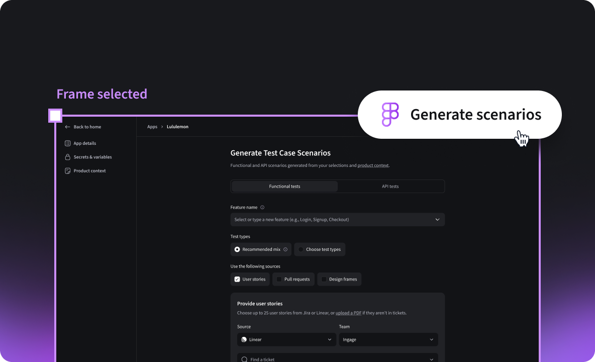 User interface screen for generating test case scenarios with options for functional and API tests, feature name input, test types, source selection, and a highlighted button labeled 'Generate scenarios'.