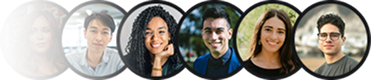 Row of six diverse young adults smiling in circular portrait photos.
