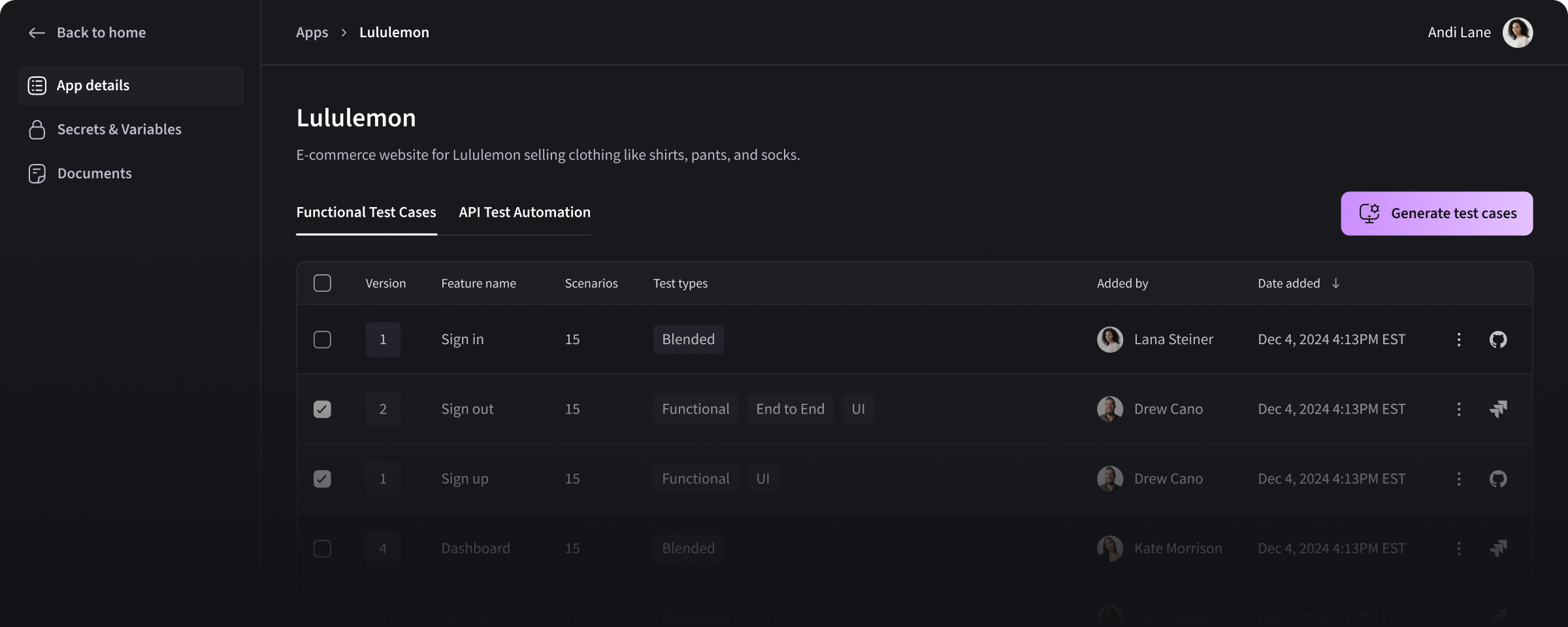 User interface showing Lululemon app details with functional test cases including sign in, sign out, sign up, and dashboard, with options to generate test cases.