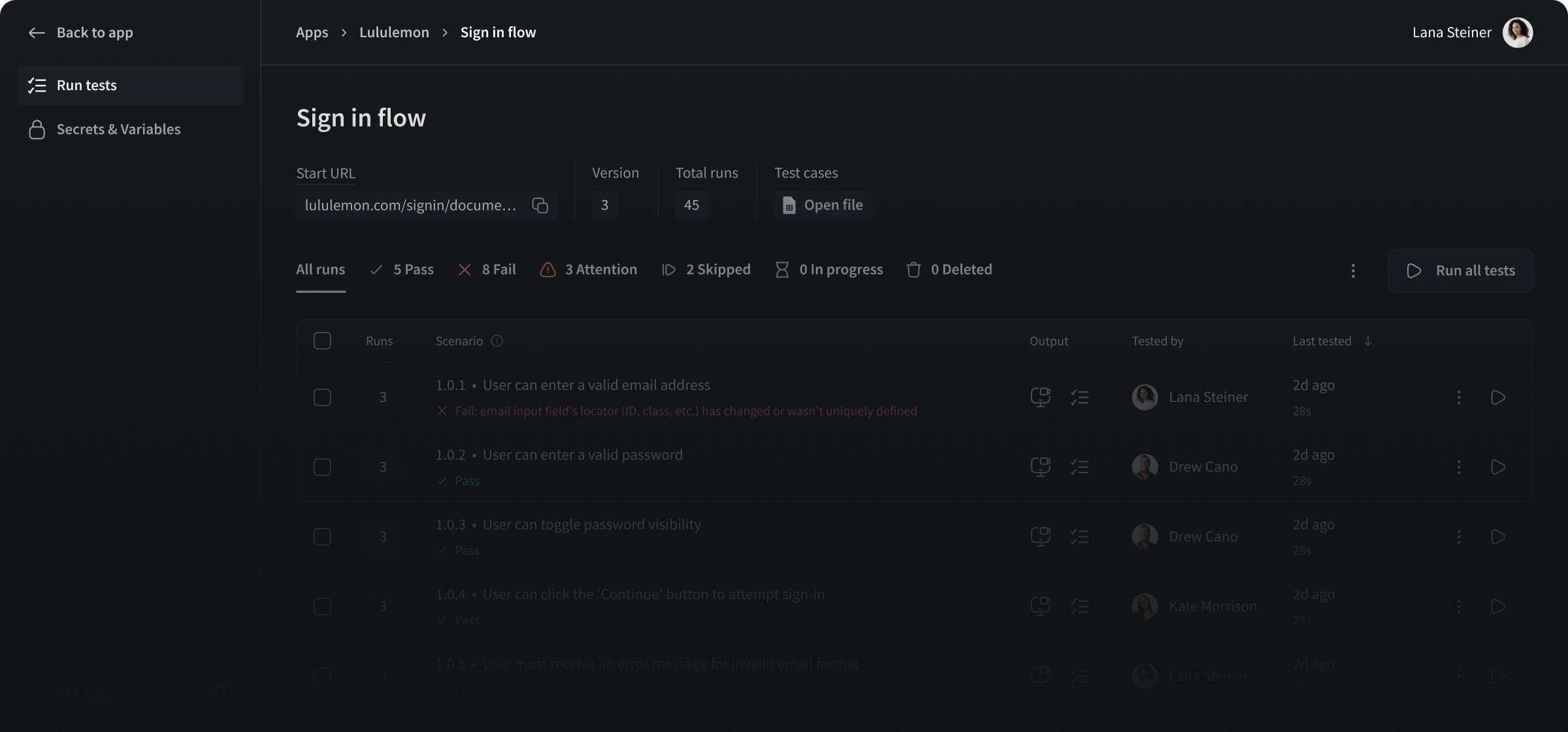 Testing dashboard showing 'Sign in flow' tests for Lululemon app with 45 total runs, 5 passes, 8 fails, 3 attentions, 2 skipped, and listed test scenarios and results.